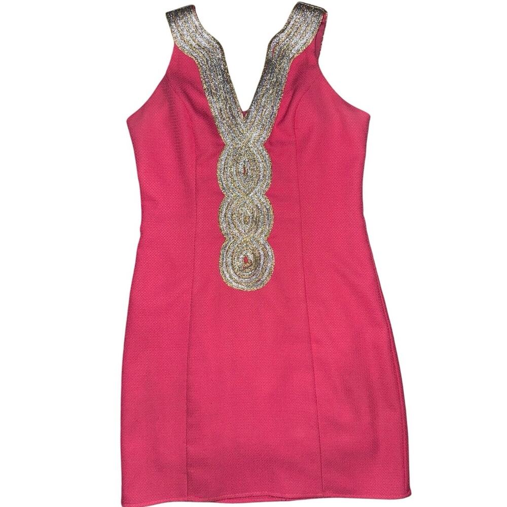 Pink lily Women’s Small Hot pink Dress with Gold accents euc v neck short dress